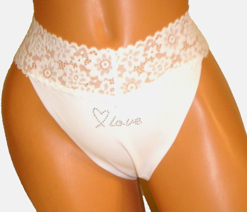 Panties Lingerie Heart Love Rhinestone Detail Lace Trim White Thong XL Gift