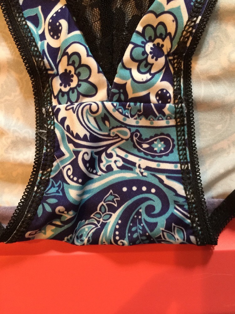 Womens Blue Bikini Panties Size 3X/10 White Scrolls Sexy V Black Lace Inset NEW