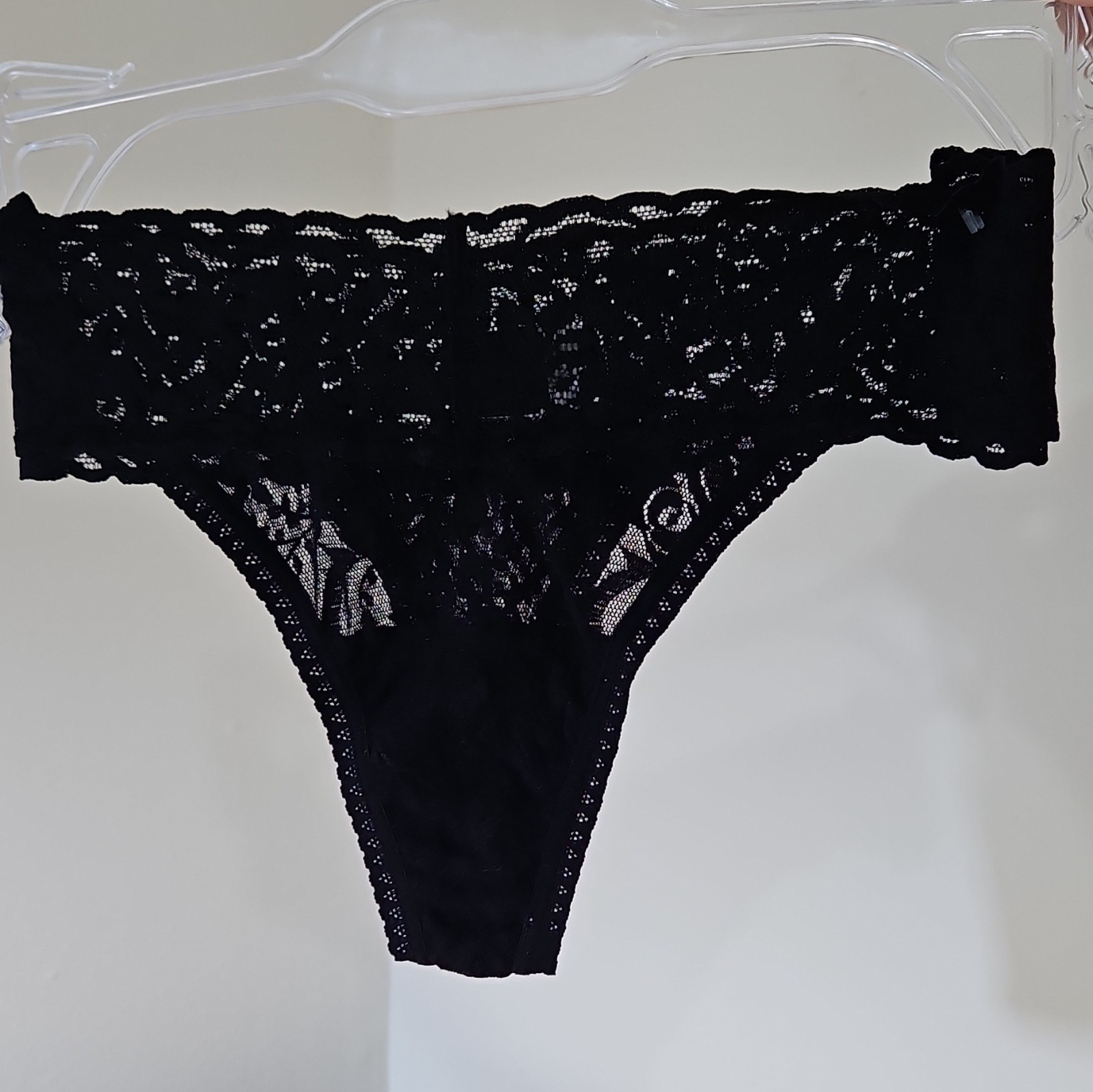 Felina Floral Lace Thong Panties Black M/L Sheer Stretch Semi-Transparent 2122