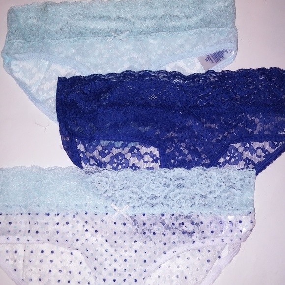 Set of 3 Simply Styled Panties Small Blue White Solid Polka Dots Lace New