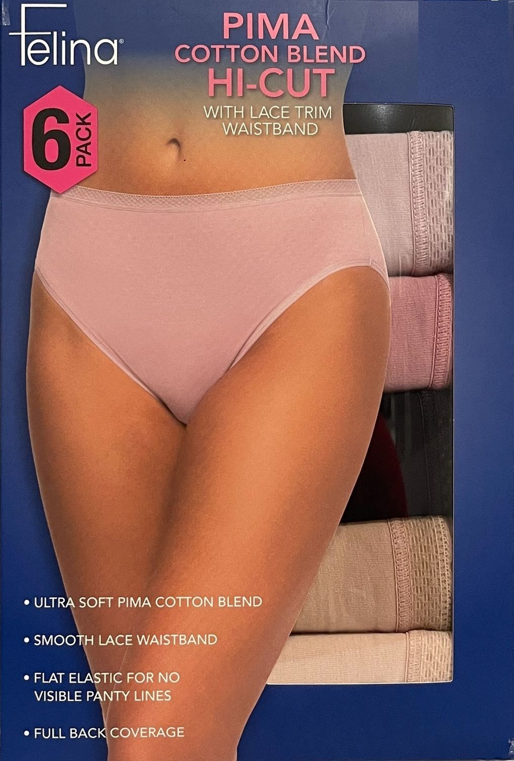 Felina 6 Pk Pima Cotton Blend Hi-cut with Lace Trim Waistband, Multi Color
