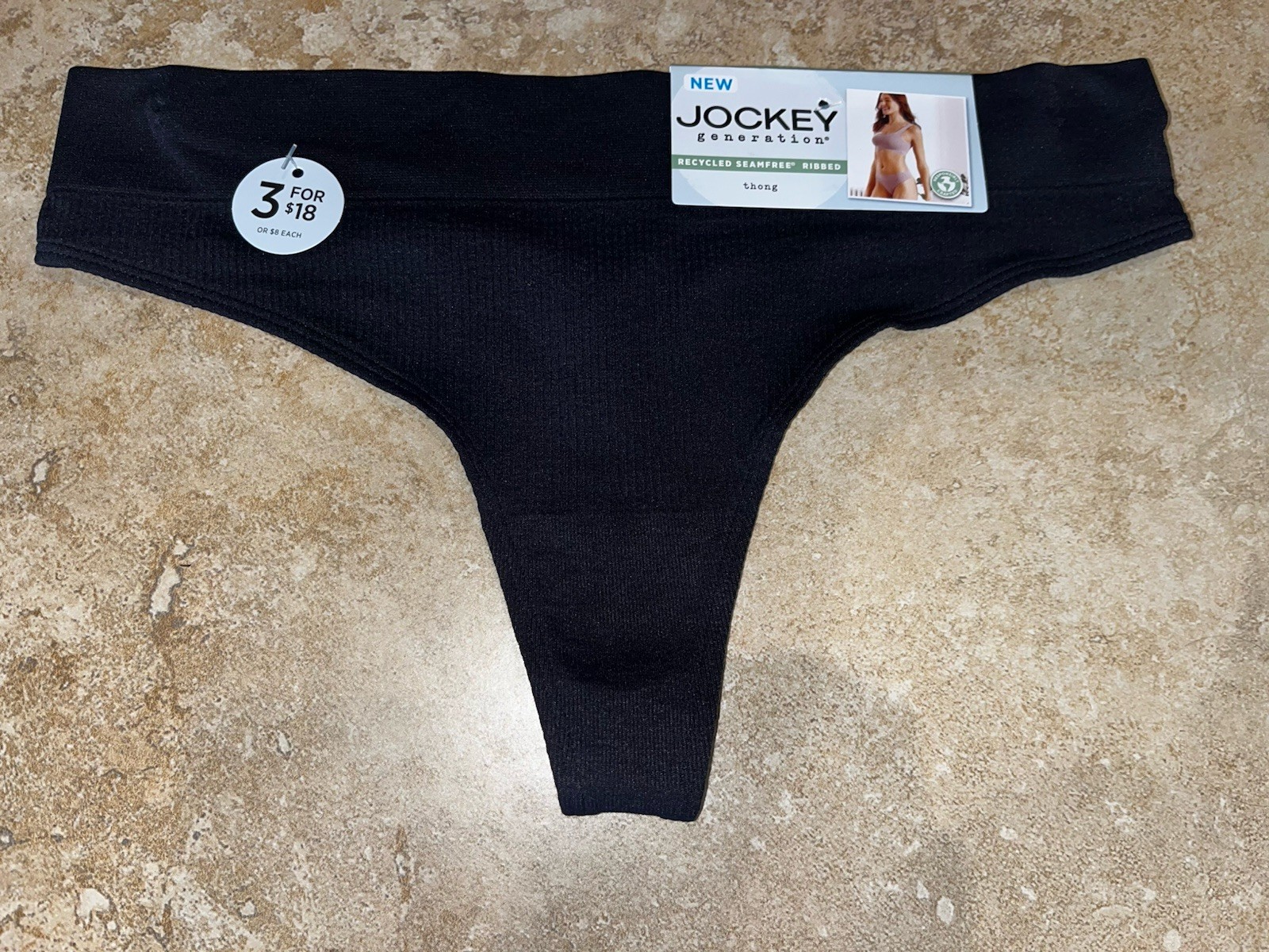 NWT JOCKEY Generation Black Seamfree Ribbed Thong Panty Large