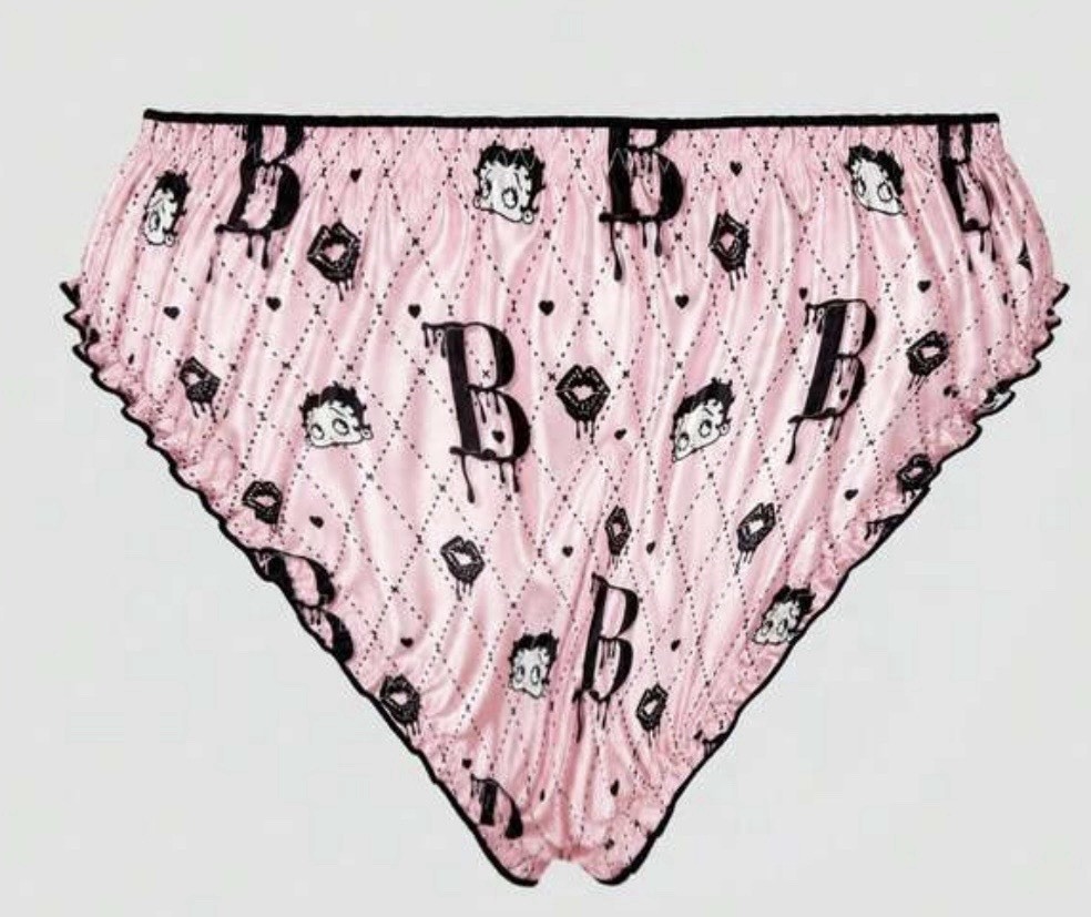 NEW XL Glossy Pink & Black Ruffle Edge Betty Boop Theme Satin Bikini Panties