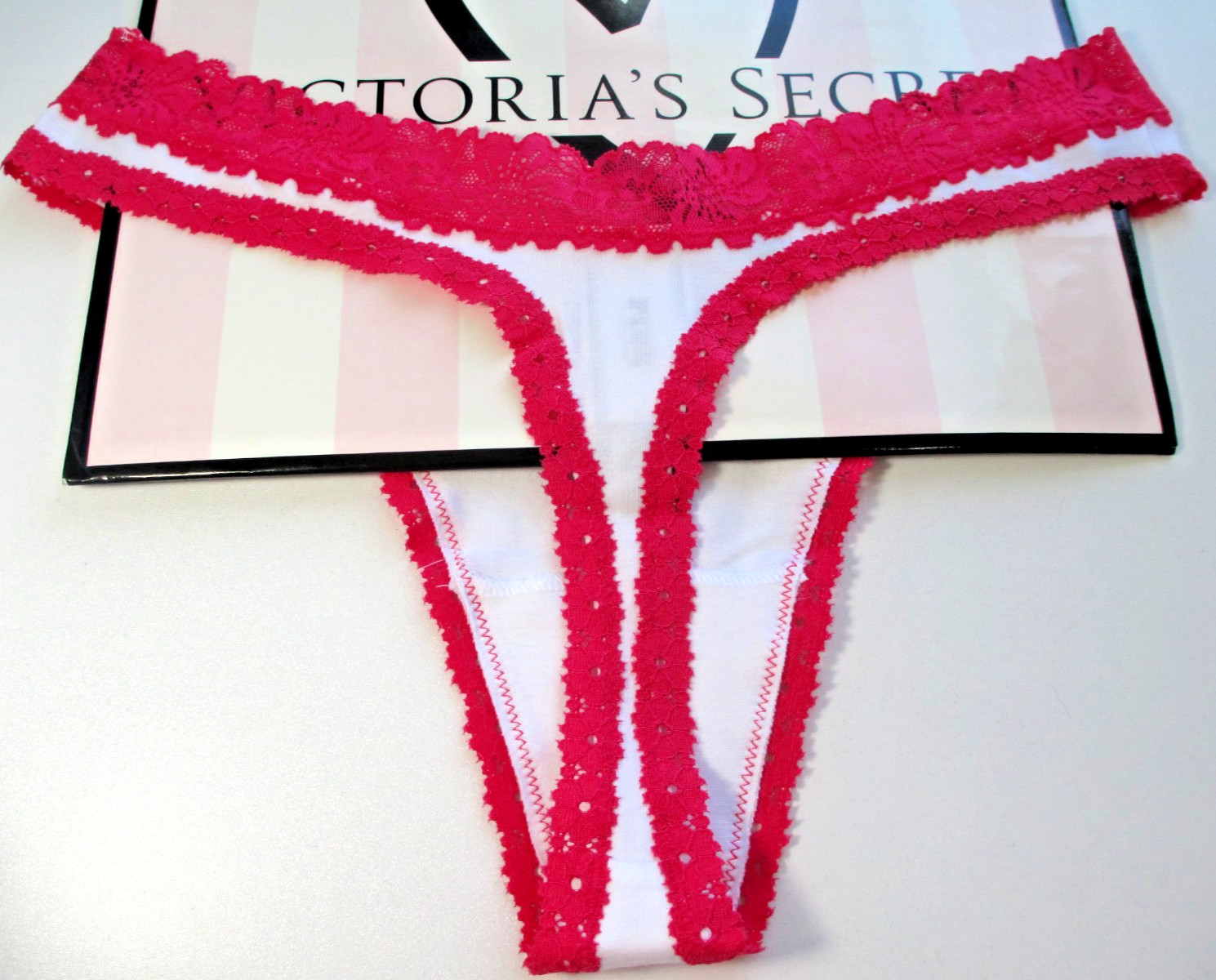 VICTORIA’S SECRET PINK Cotton High Leg Thong Panty S M L XL White NWT Lace Trim