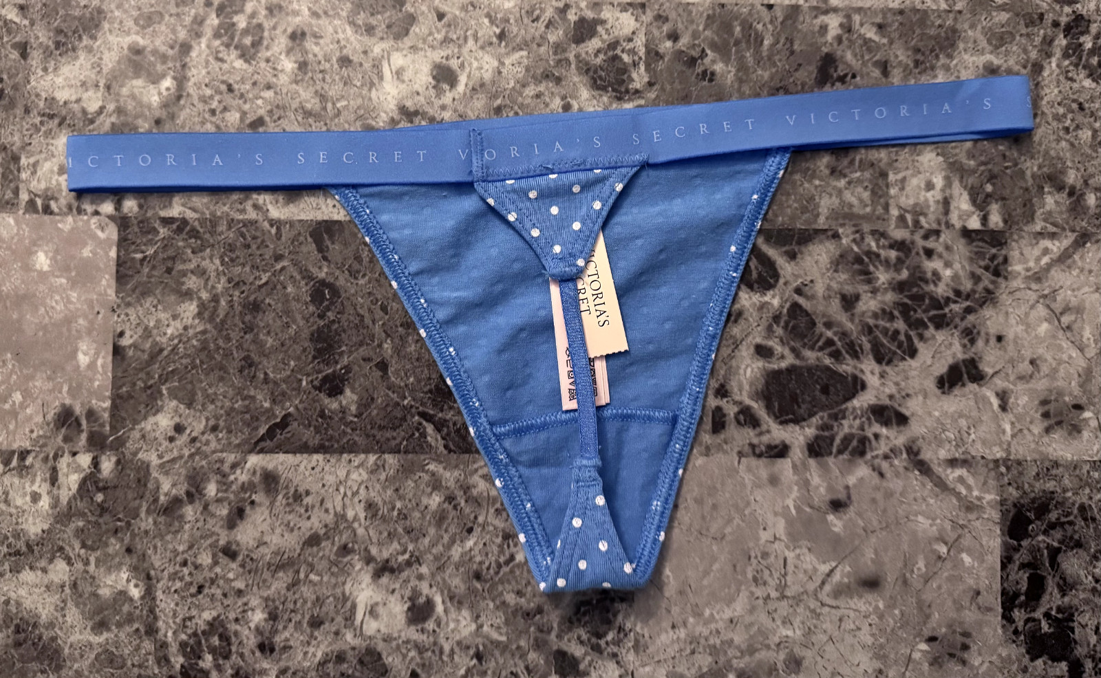 NWT VICTORIA’S SECRET BLUE WHITE POLKA DOT LIGHTWEIGHT BAND V STRING PANTIES