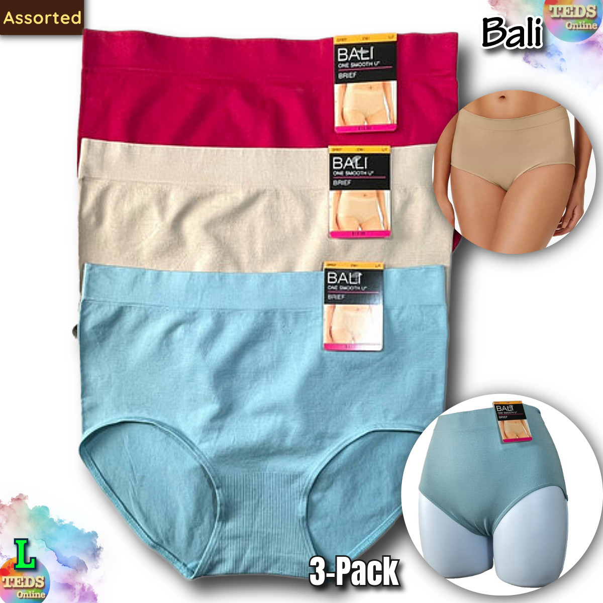 NWT 3-Pack Bali Women’s L/7 One Smooth U All Over Smoothing Brief 2361 Assorted