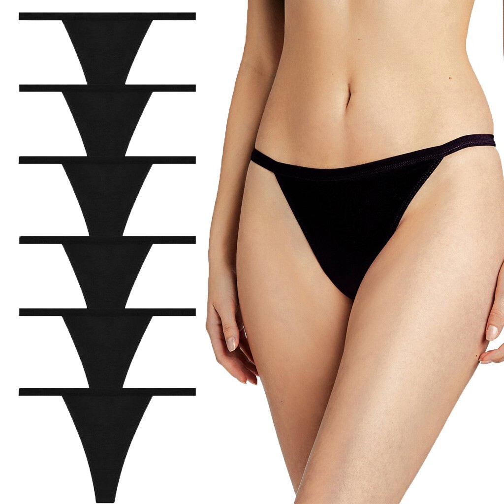 6 Lot Womens Cotton String Thongs Black Basic underwear G String Panties Size S