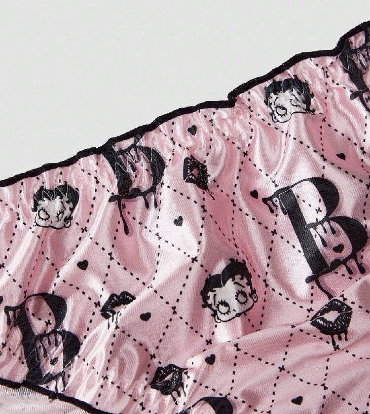 NEW XL Glossy Pink & Black Ruffle Edge Betty Boop Theme Satin Bikini Panties