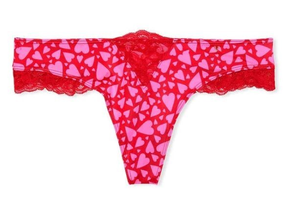 Victorias Secret Very Sexy Mini Hearts Silky Red Micro Lace Inset Thong Size XL