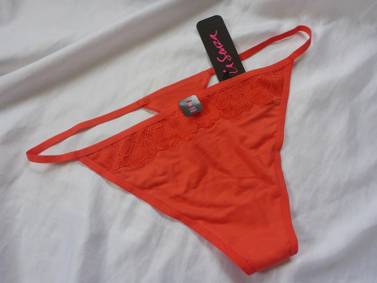 M, La Senza ‘Ultra Soft modal’ lace trimmed g-string, Coral , NEW