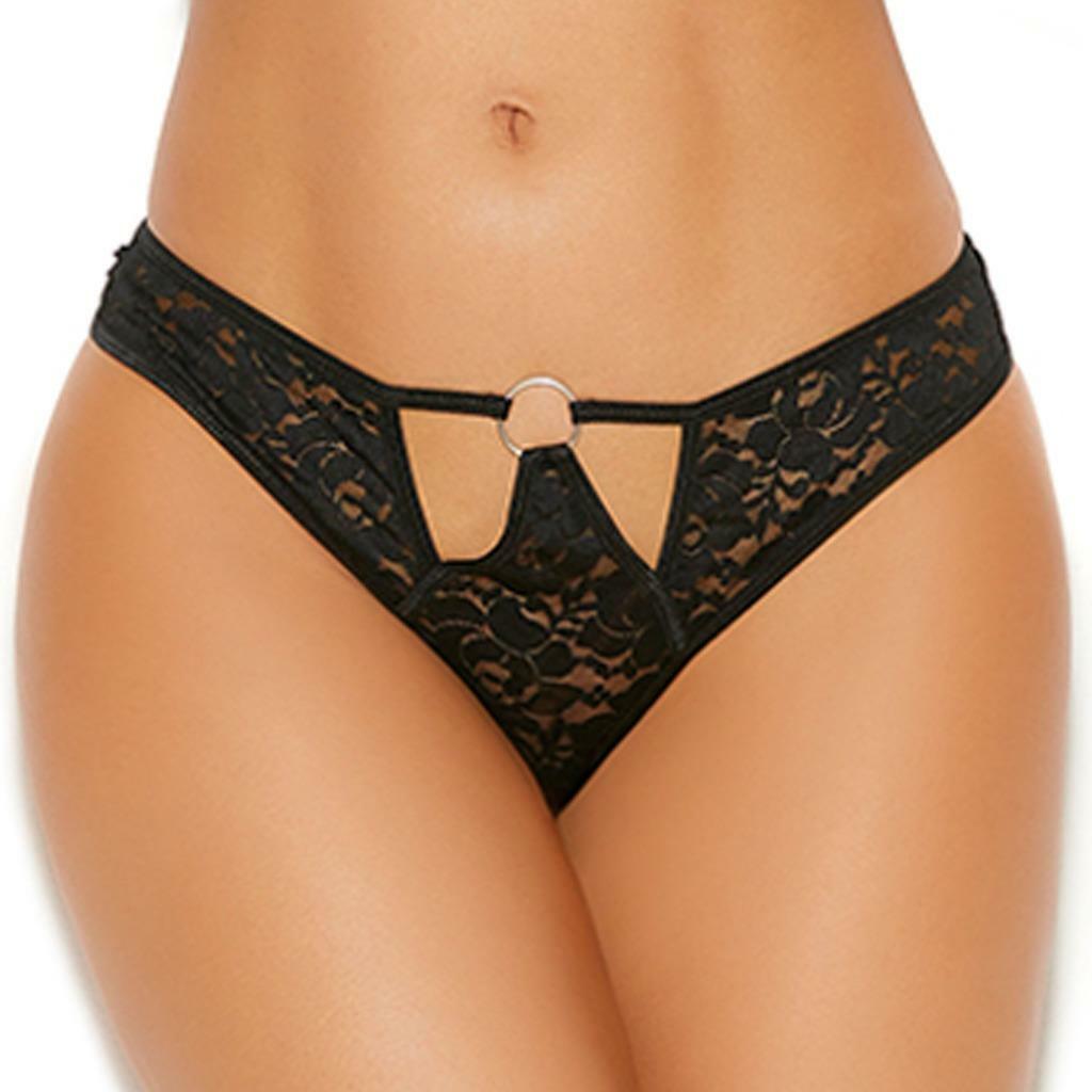 Cut Out Lace Thong Panty O Rings Strappy Cheeky Underwear Black 82318
