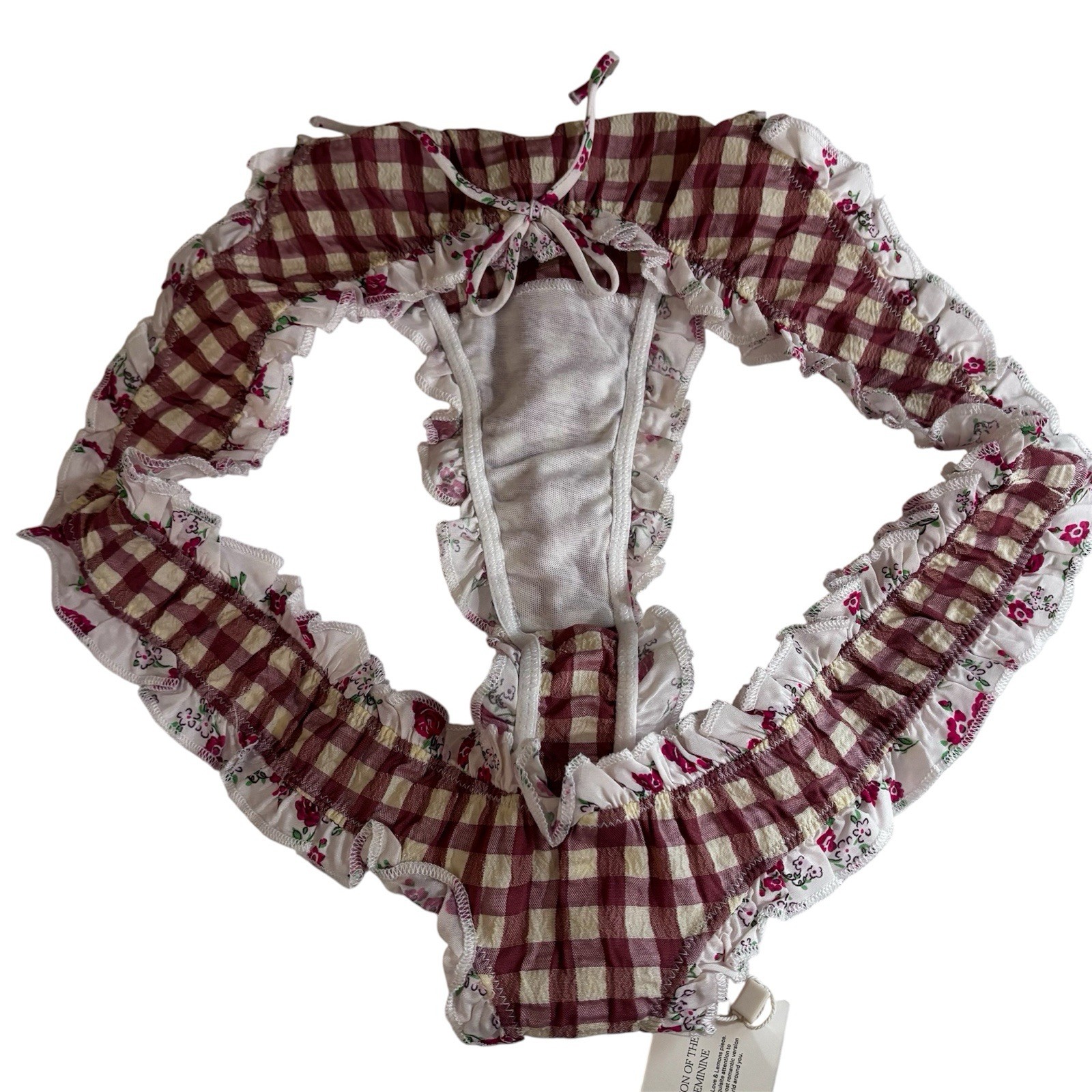 For Love & Lemons Georgia Ruffled Red Gingham Thong NWT Size Medium Floral Bow