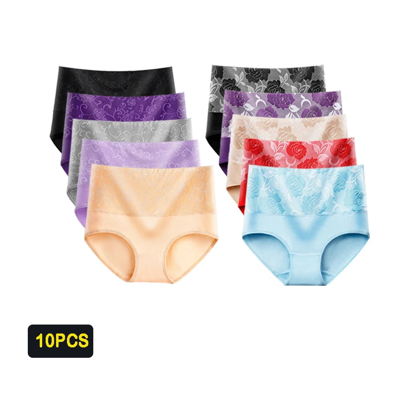 Plus Size High Waist Panties Cotton Women Abdominal Support Full Coverage 10 Pcs