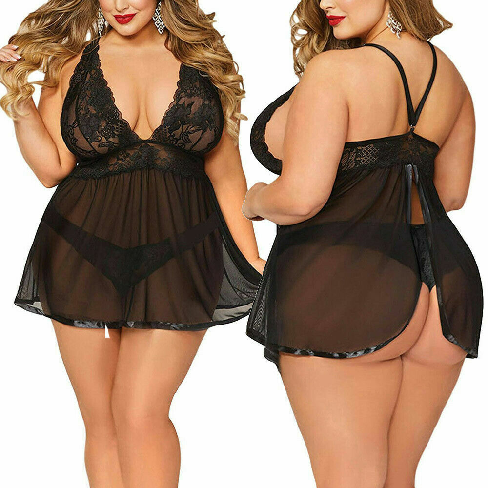 Plus Size Women’s Sexy Lingerie Lace Babydoll Dress G-string Underwear Nightwear