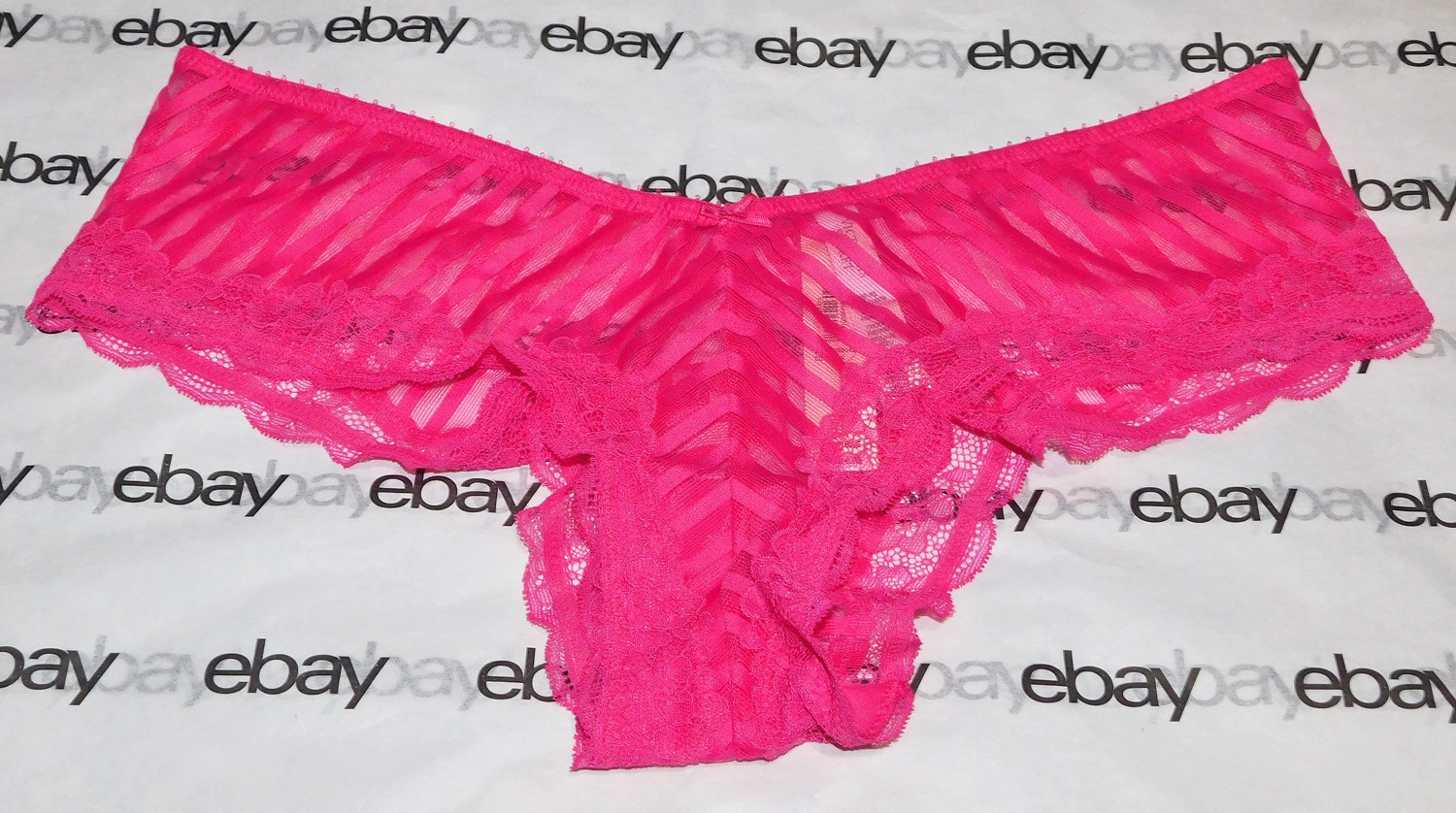 NEW Victoria’s Secret Tease Cheeky Panty Large Hot Pink Stripes L Lace Trim VS