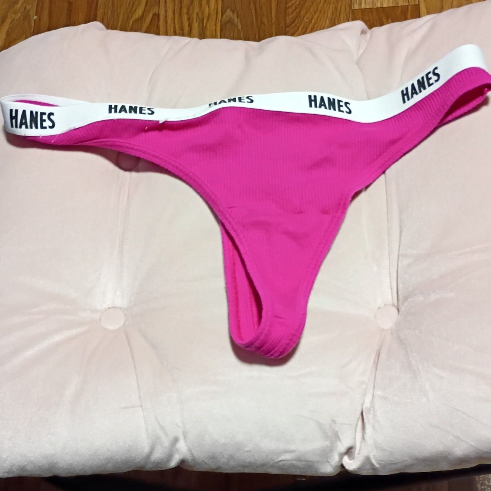 Hanes Women’s Solid Pink Cotton Thong/String Panties S White Logo Waistband