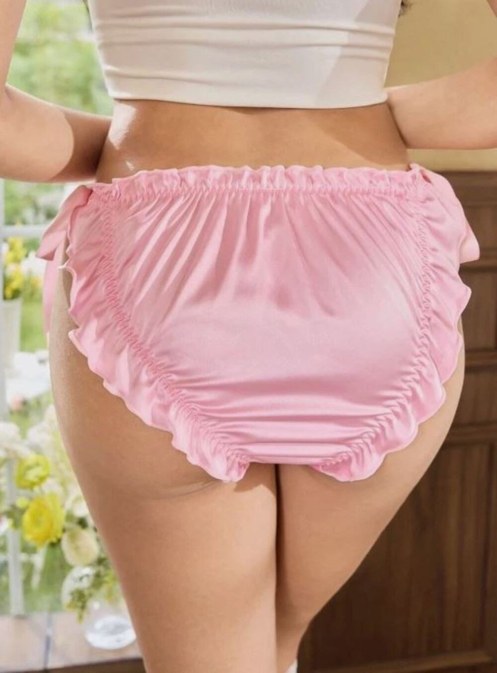 Floral women side tie satin silky feel knickers full bum frilly panties size 8 S