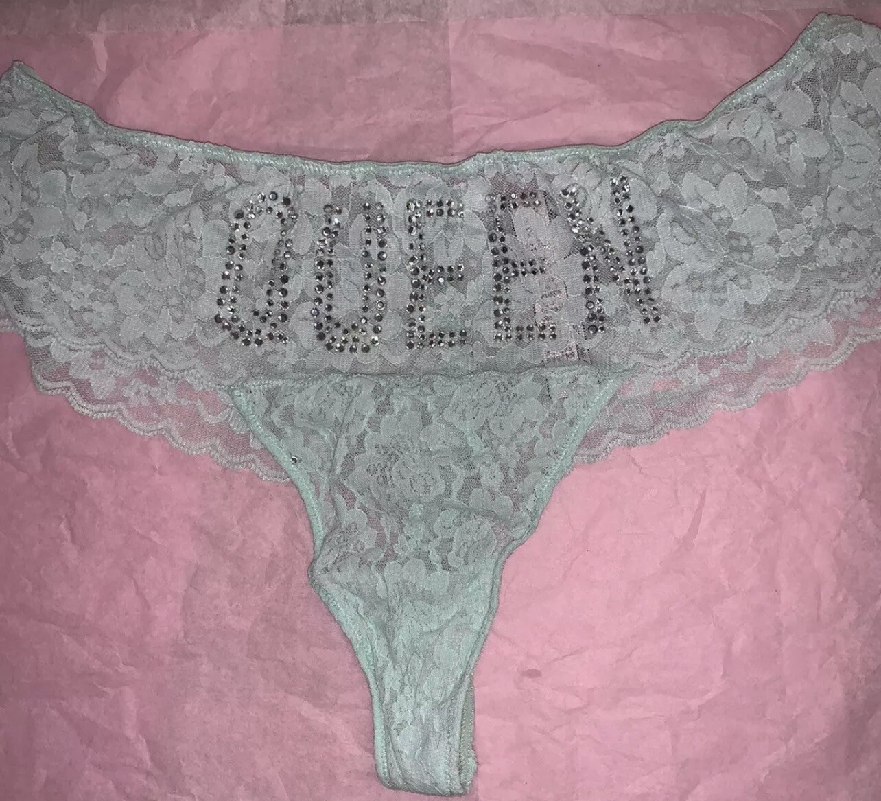 Victorias Secret Thong NWOT Large Jade Green “Queen” Rhinestone Lace Thong