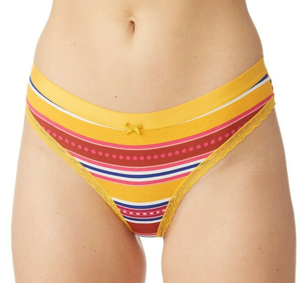 Nobo Gold Multi-Stripe Lace Trim Cotton Spandex Thong Panty (Sizes XS – XXXL)