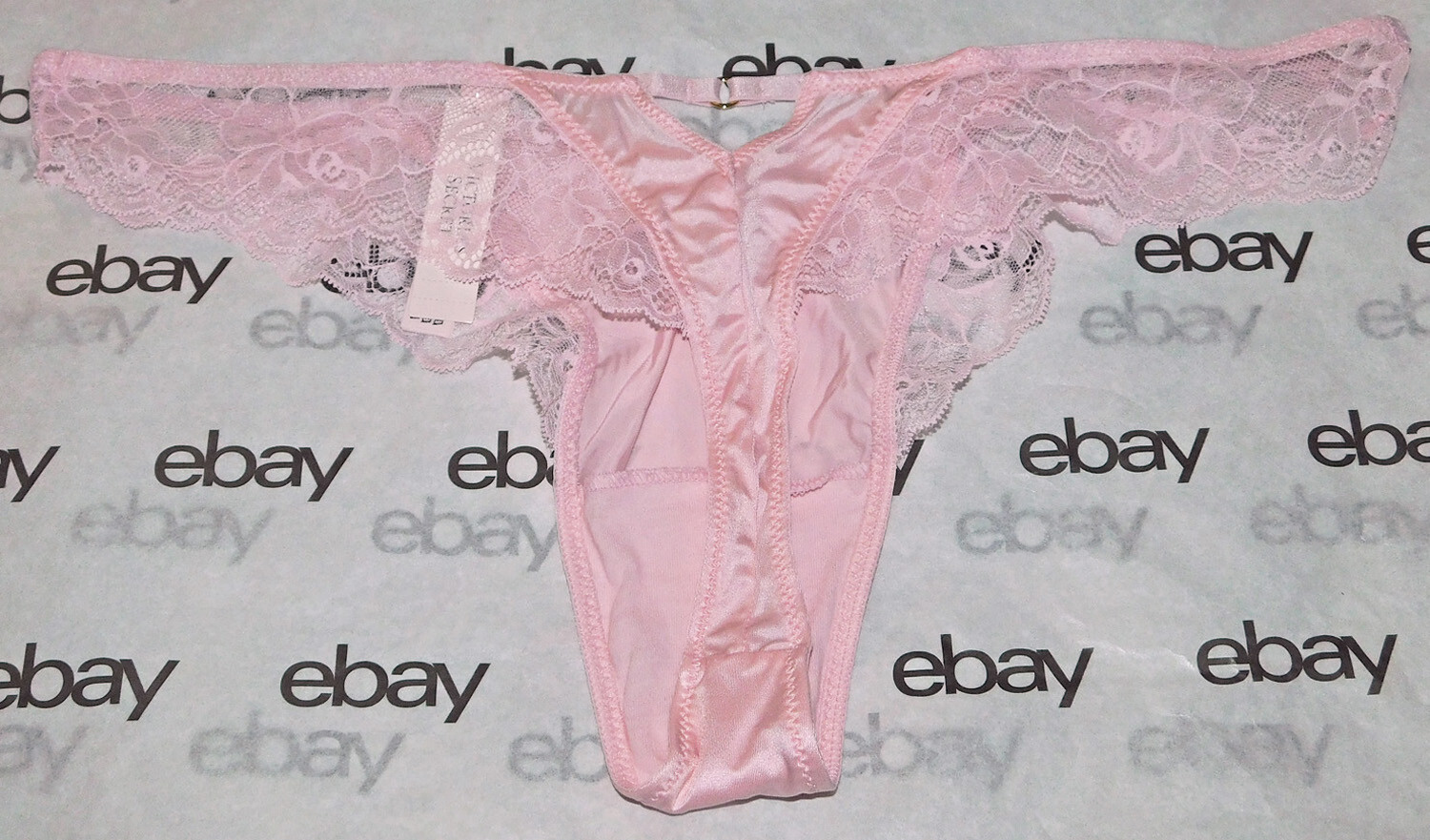 NEW Victoria’s Secret Very Sexy Thong Panty Solid Light Pink Satin Lace Large VS