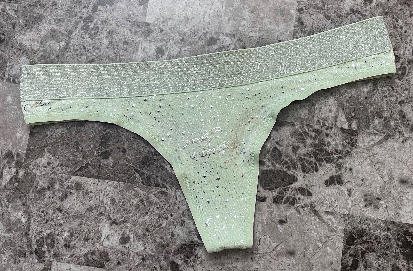 NWT VICTORIA’S SECRET GREEN SILVER STAR SHINE LOGO THICK WAISTBAND THONG PANTIES