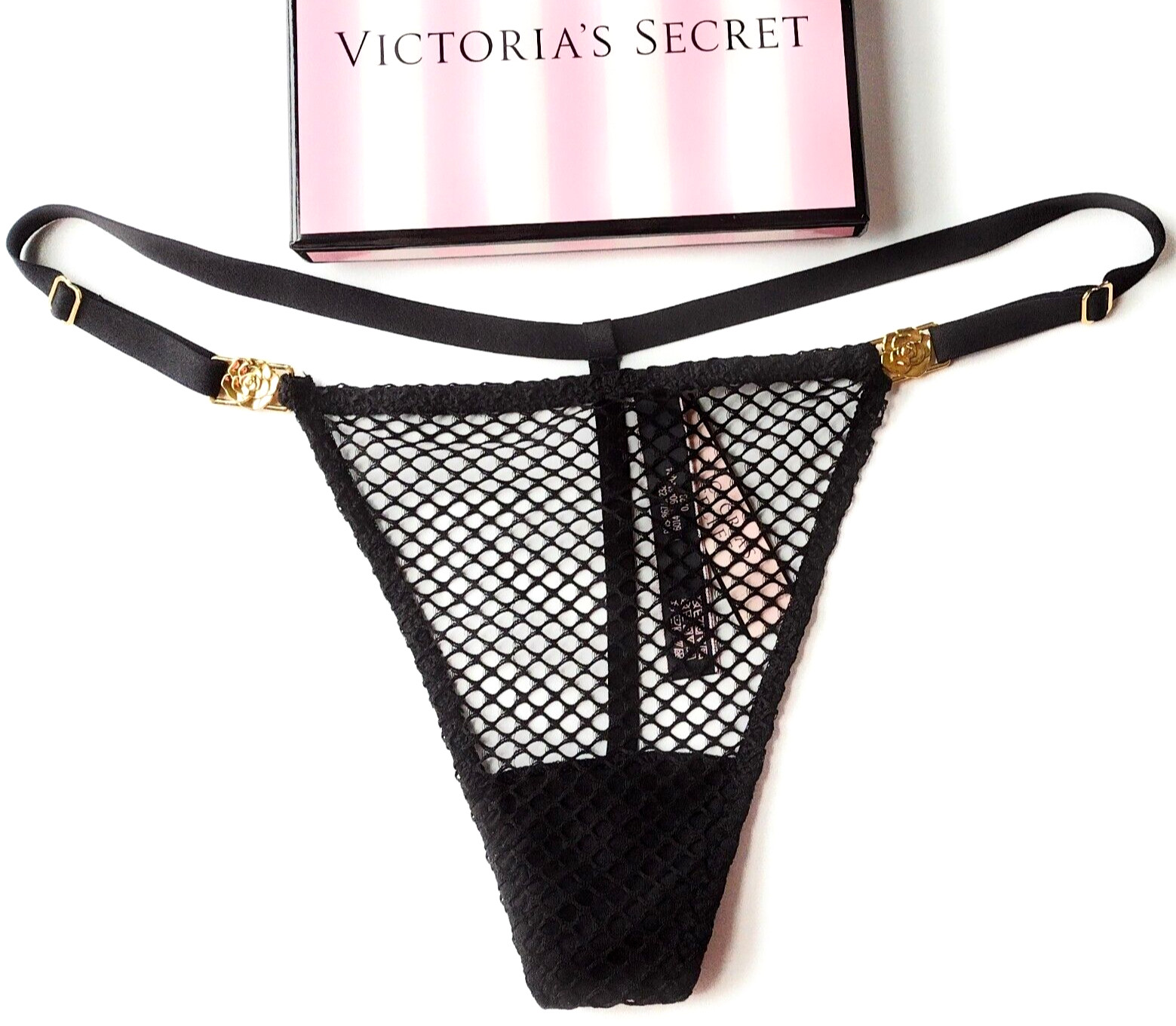 VICTORIA’S SECRET VERY SEXY V-String Thong VS Black Fishnet Lace Hardware M L XL