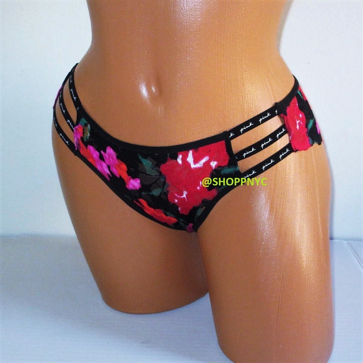 PINK Victoria Secret Strappy Logo Cheekster Panty Size S Black Red Floral Lace