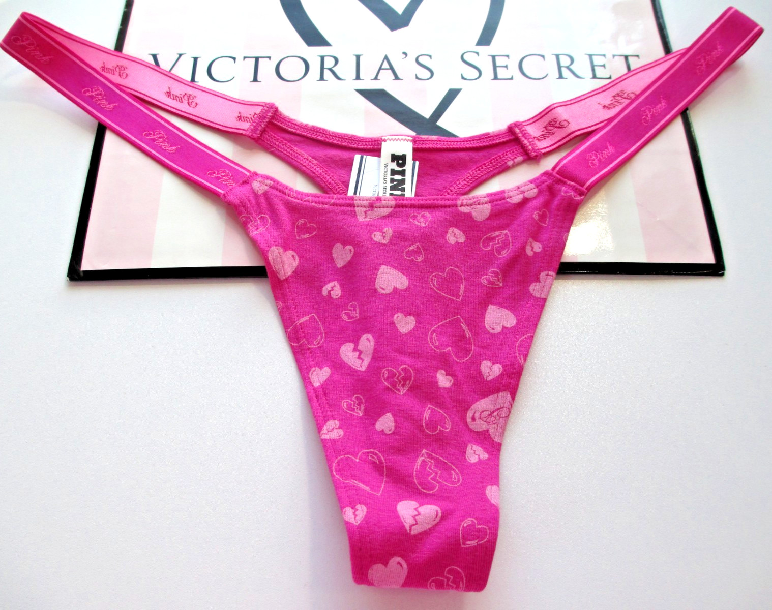 VICTORIA’S SECRET PINK Cotton High Leg Micro Thong Panty VS Pink Hearts S M L