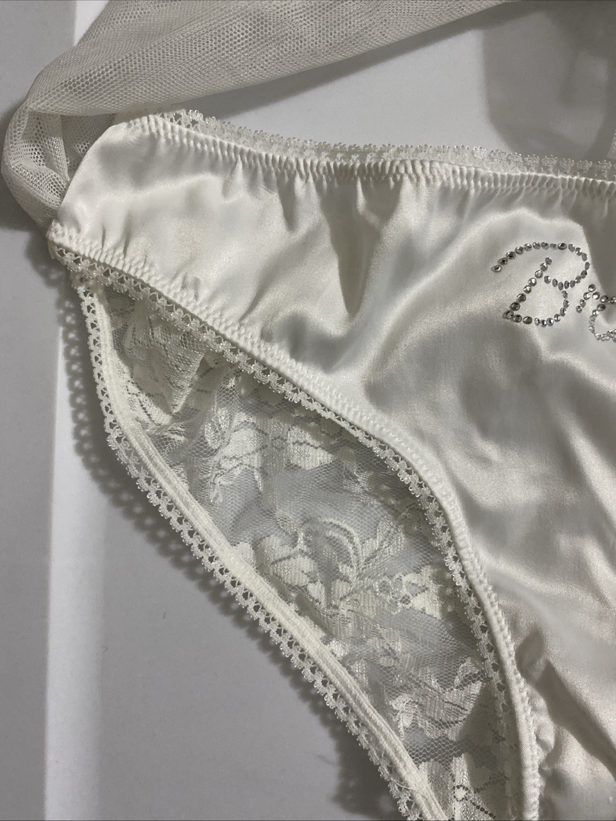 Victorias Secret I DO White Bride Bikini Panties Small Satin Lace V Lace-up Back