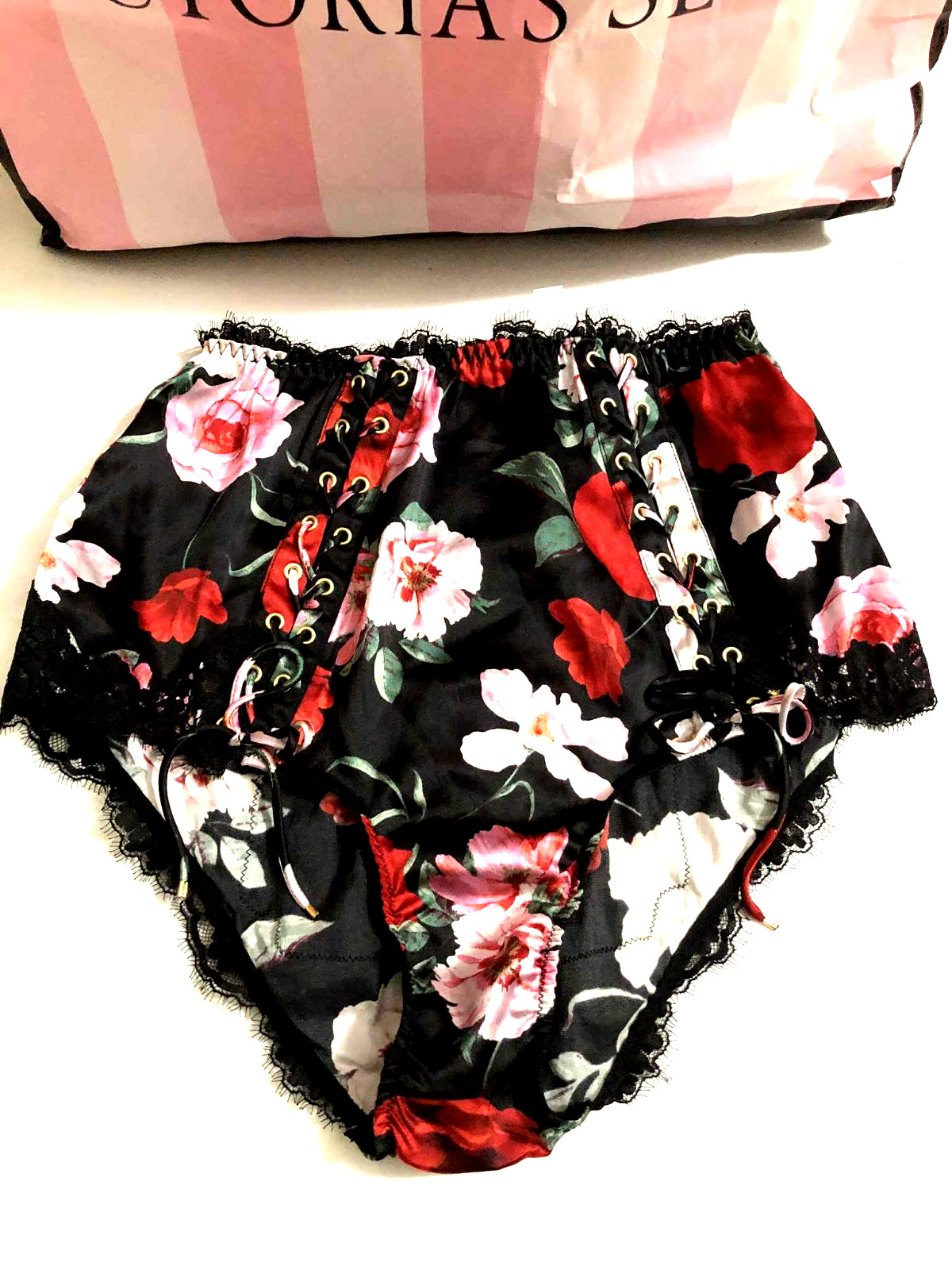 Victoria’s Secret Atelier Black Brief Panty Black Red Roses Floral Satin NWT