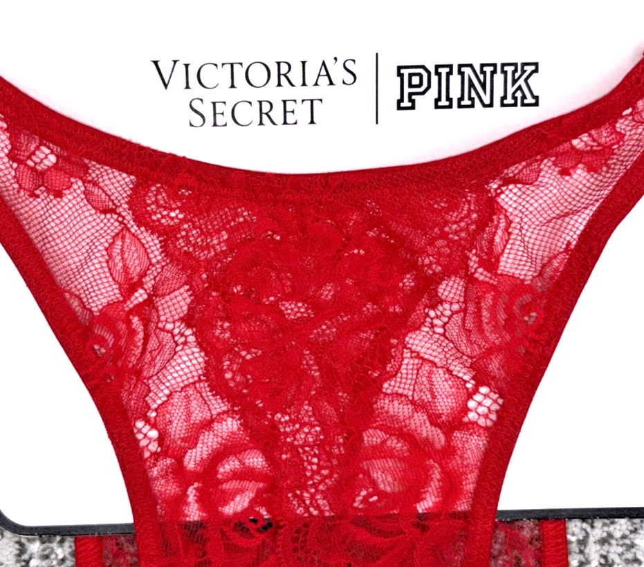 Victorias Secret Very Sexy NWT Small Red Lace Crotchles Brazilian Panty Spellout