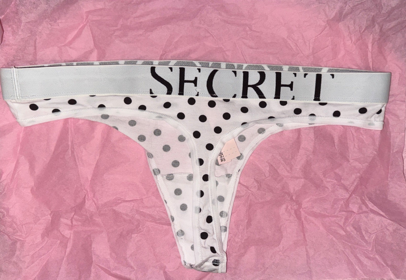 Victoria’s Secret Logo, V-String Thong Black/Polk Dots Panty size Large NWT