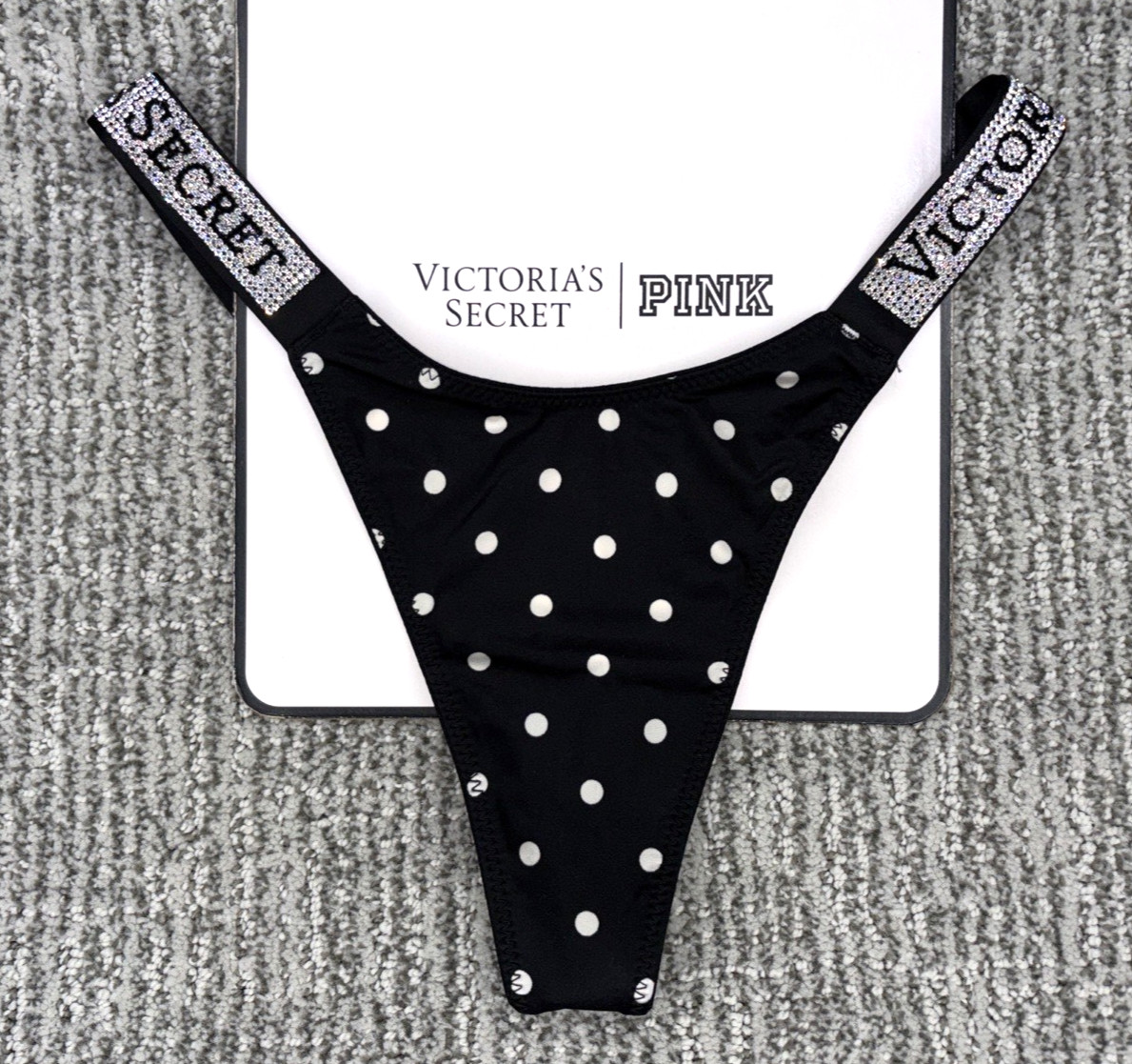 Victoria’s Secret Very Sexy NWT Medium Black Polka Dot Shine Strap Thong Panty