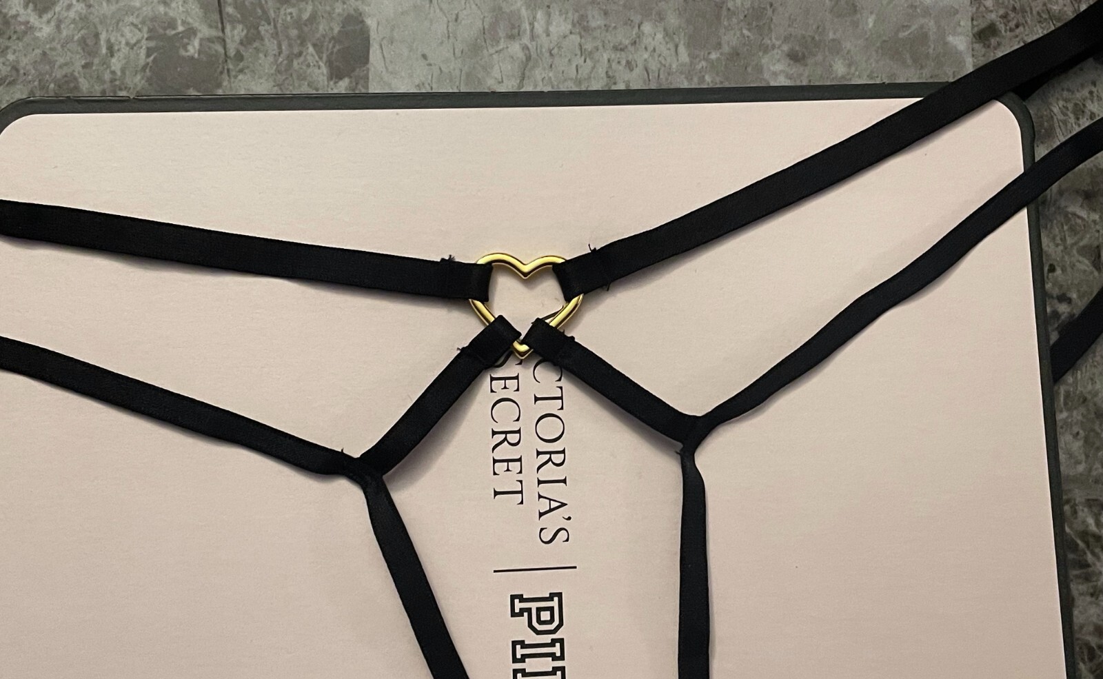NWT VICTORIA’S SECRET BLACK SATIN SMOOTH STRAPPY HEART HARDWARE THONG PANTIES