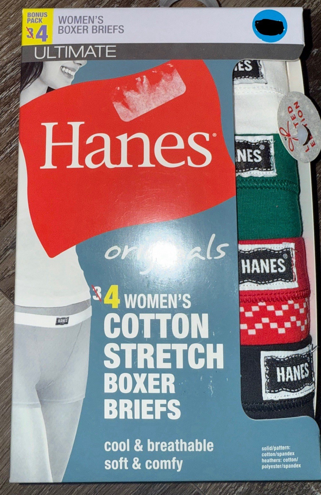 Hanes Originals 4-Pair Womens Boxer Brief Panties Cotton Blend Stretch (A) ~ L/7