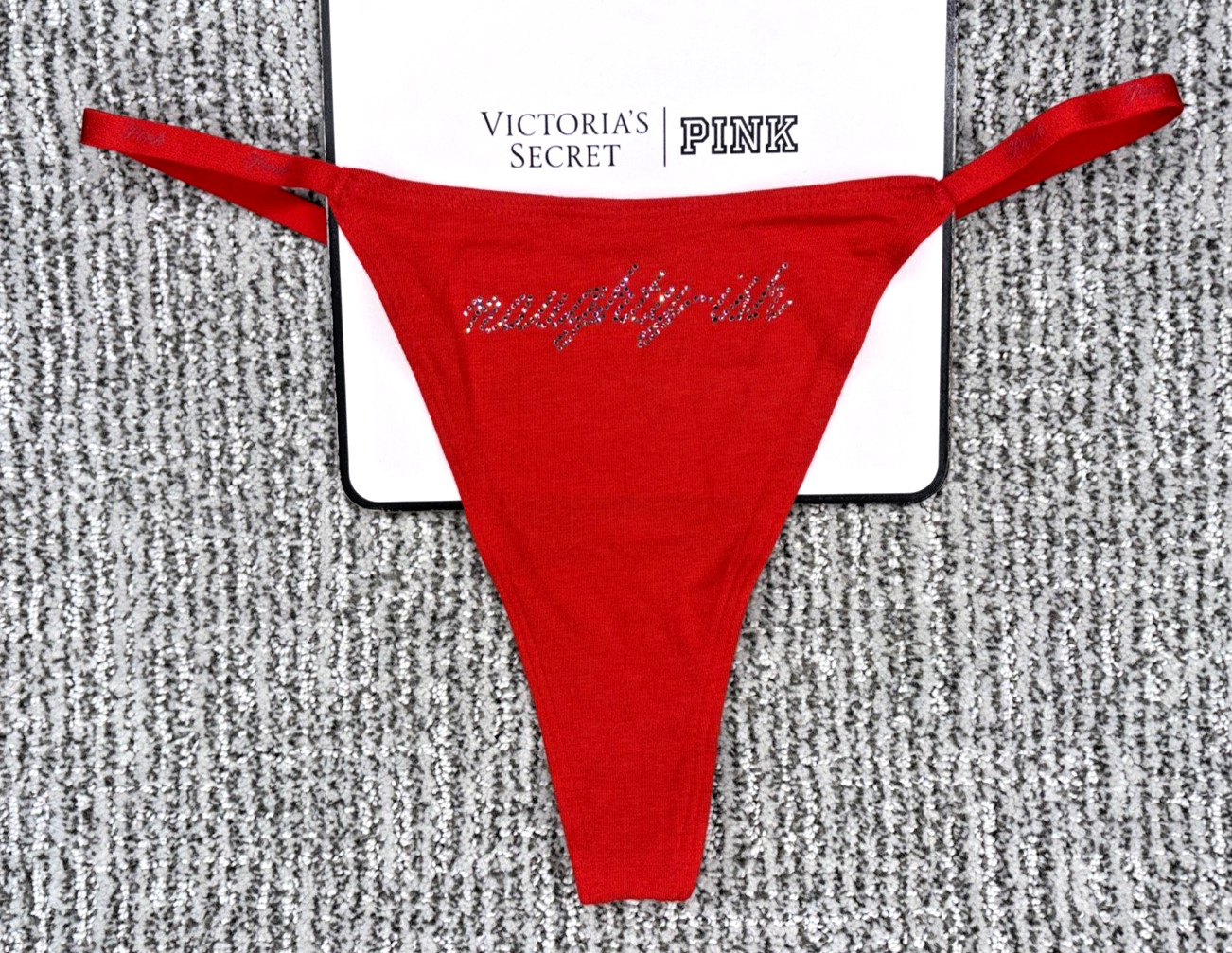 Victorias Secret PINK NWT Medium Red Naughty-Ish Thong Panty Rhinestone Spellout