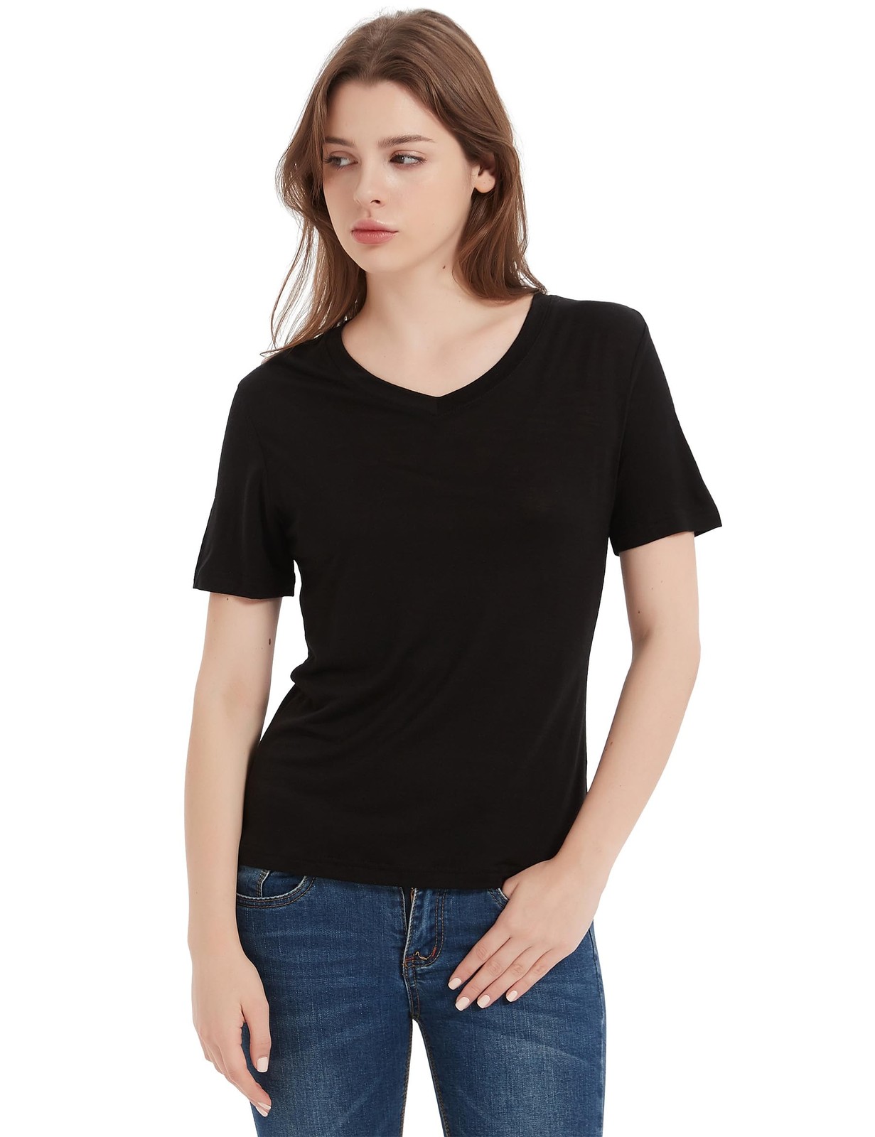100% Merino Wool T-Shirt Women V Neck Short Sleeve Athletic Tee Lightweight N…