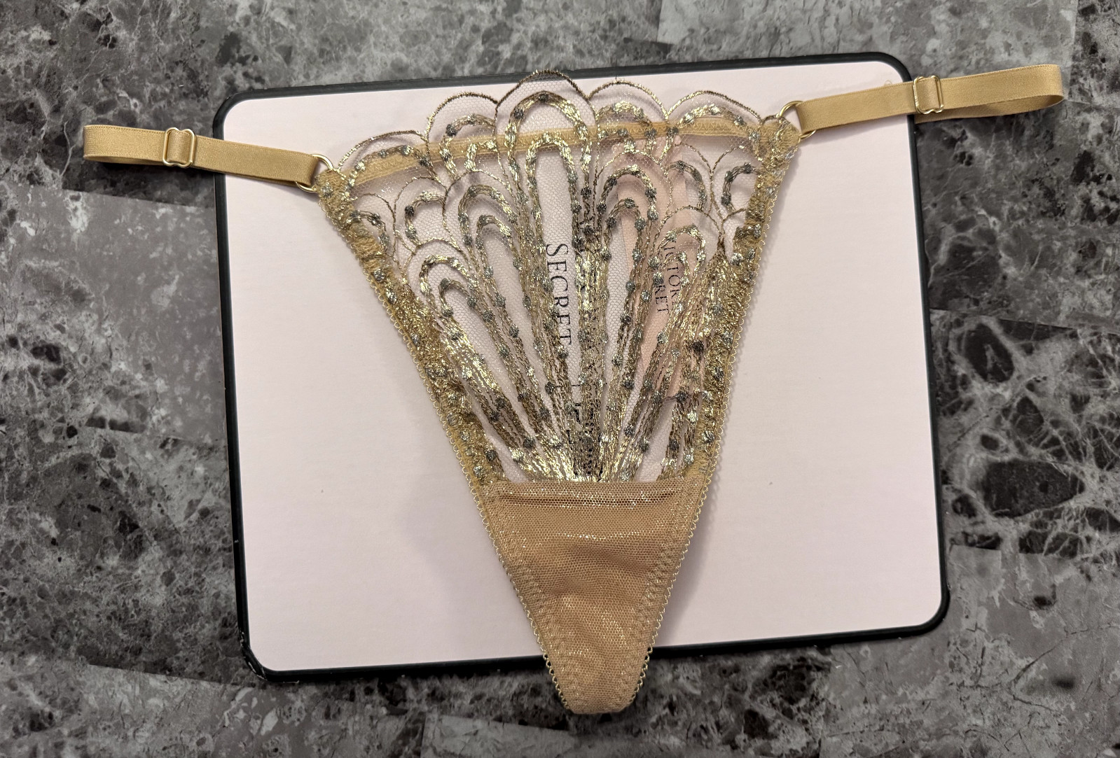VICTORIA’S SECRET GOLD EMBROIDERED ADJUSTABLE STRAP SHOWGIRL V STRING PANTIES