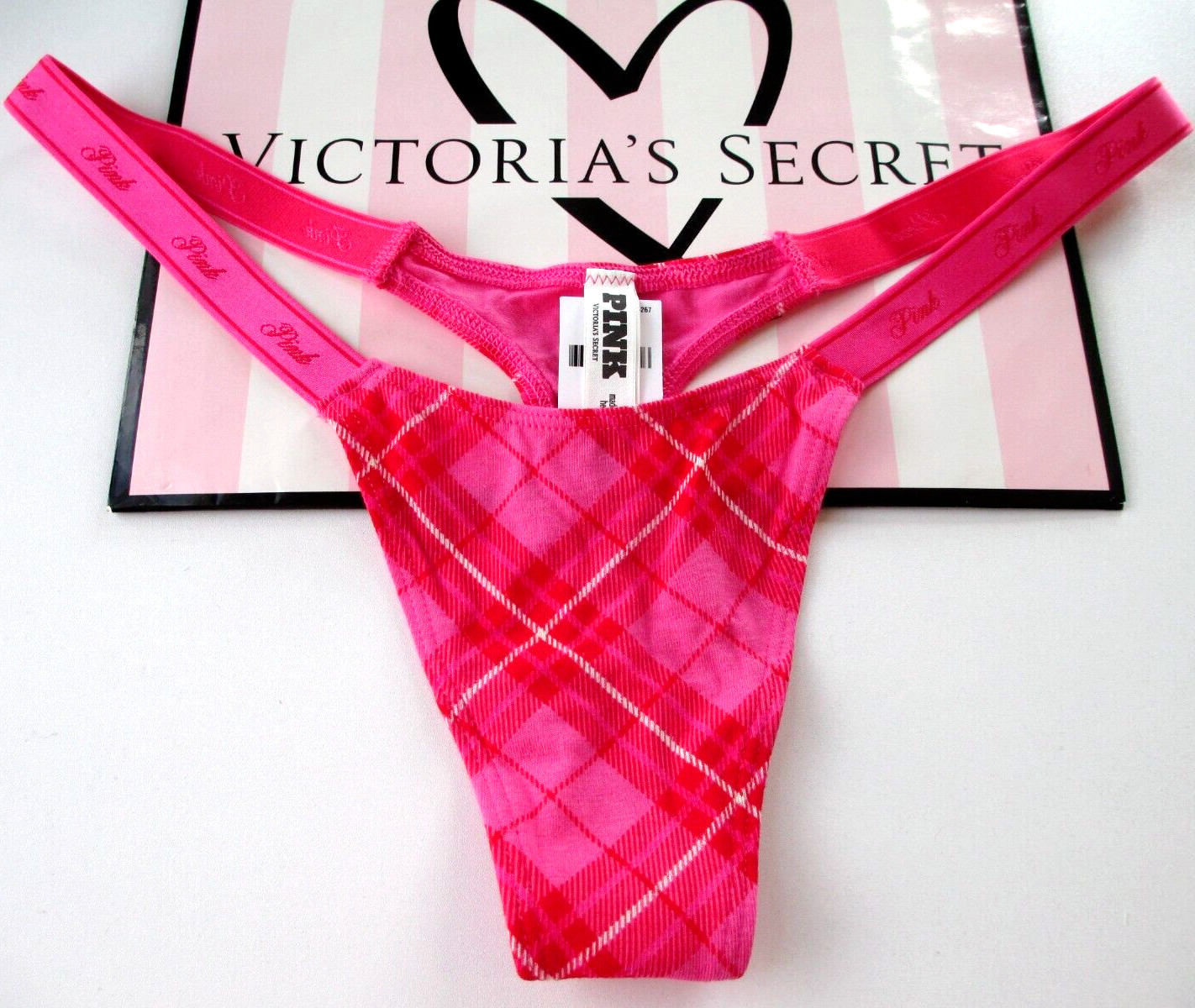 VICTORIA’S SECRET PINK Cotton High Leg Micro Thong Panty L XL Pink NWT Plaid VS