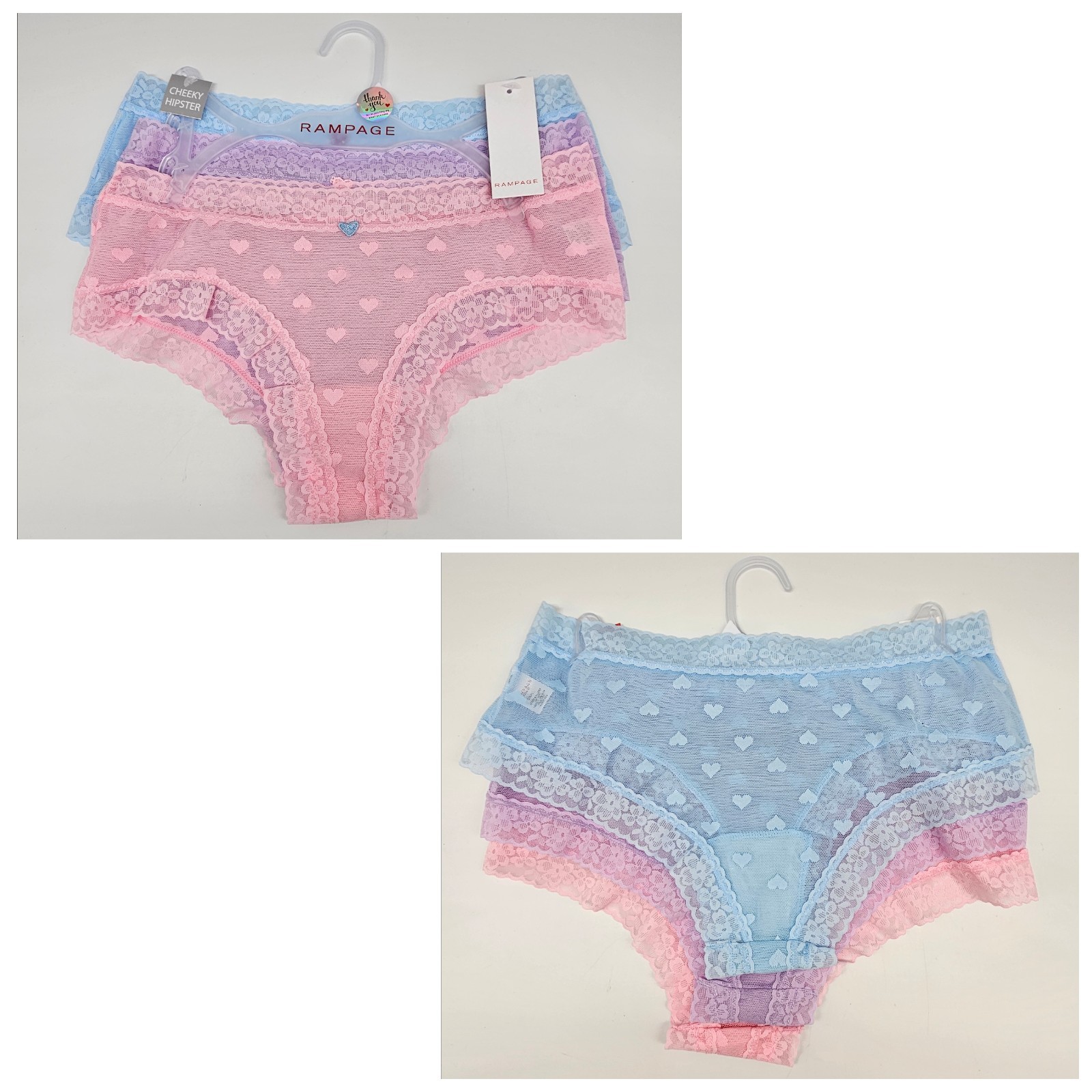 RAMPAGE 3 Pack Women’s S M L XL Lace Mesh Hipsters Panties Heart Spring Pastels