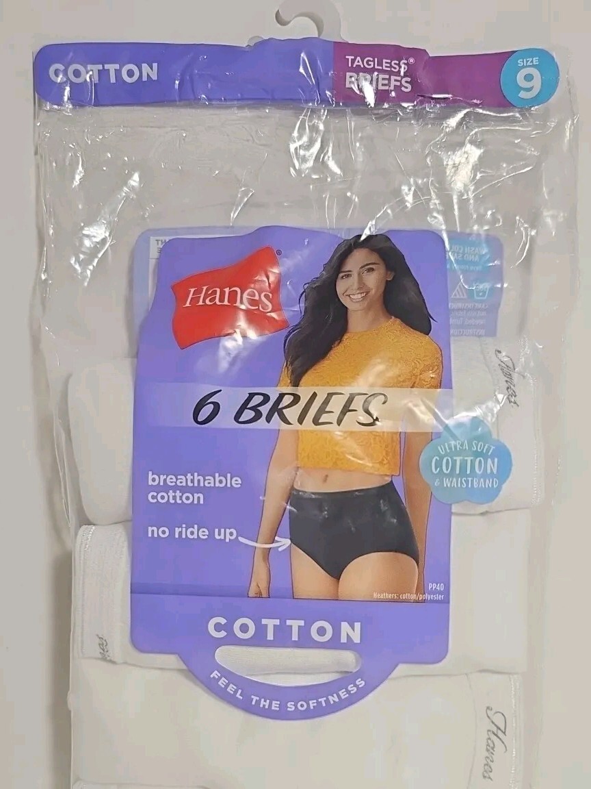 Women’s Hanes Tagless 4 Pack Cotton Briefs Panty Set – Size 9 NO Ride UP New