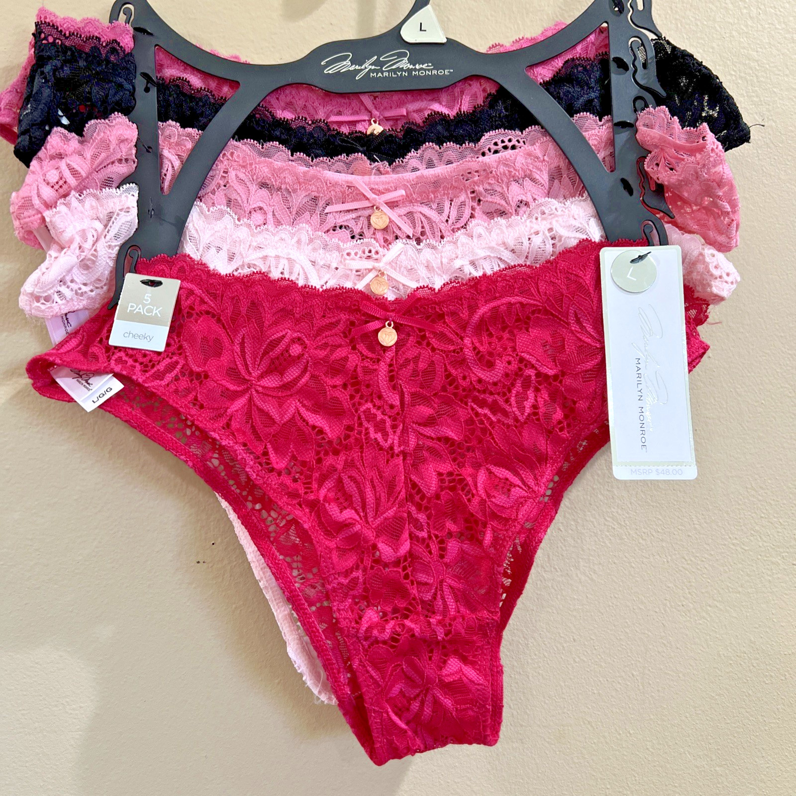 💗MARILYN MONROE 5 Pack Lace Cheeky Bow Sexy Briefs Panties Pinks,Black Large💗