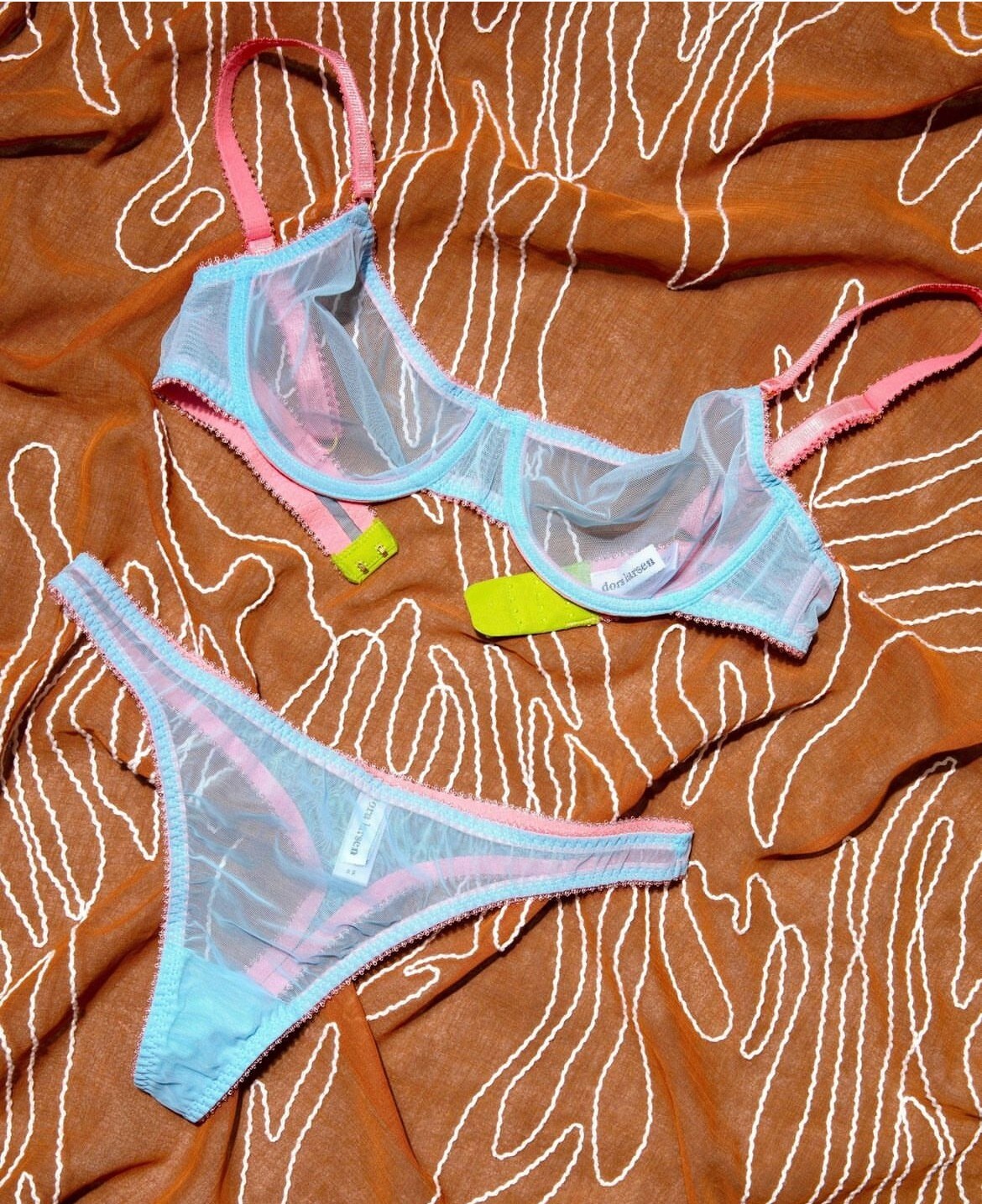 BNWT £30 Dora Larsen Layla Clean Thong Blue Tulle Mesh Pink UK 14 US 10 Underwea