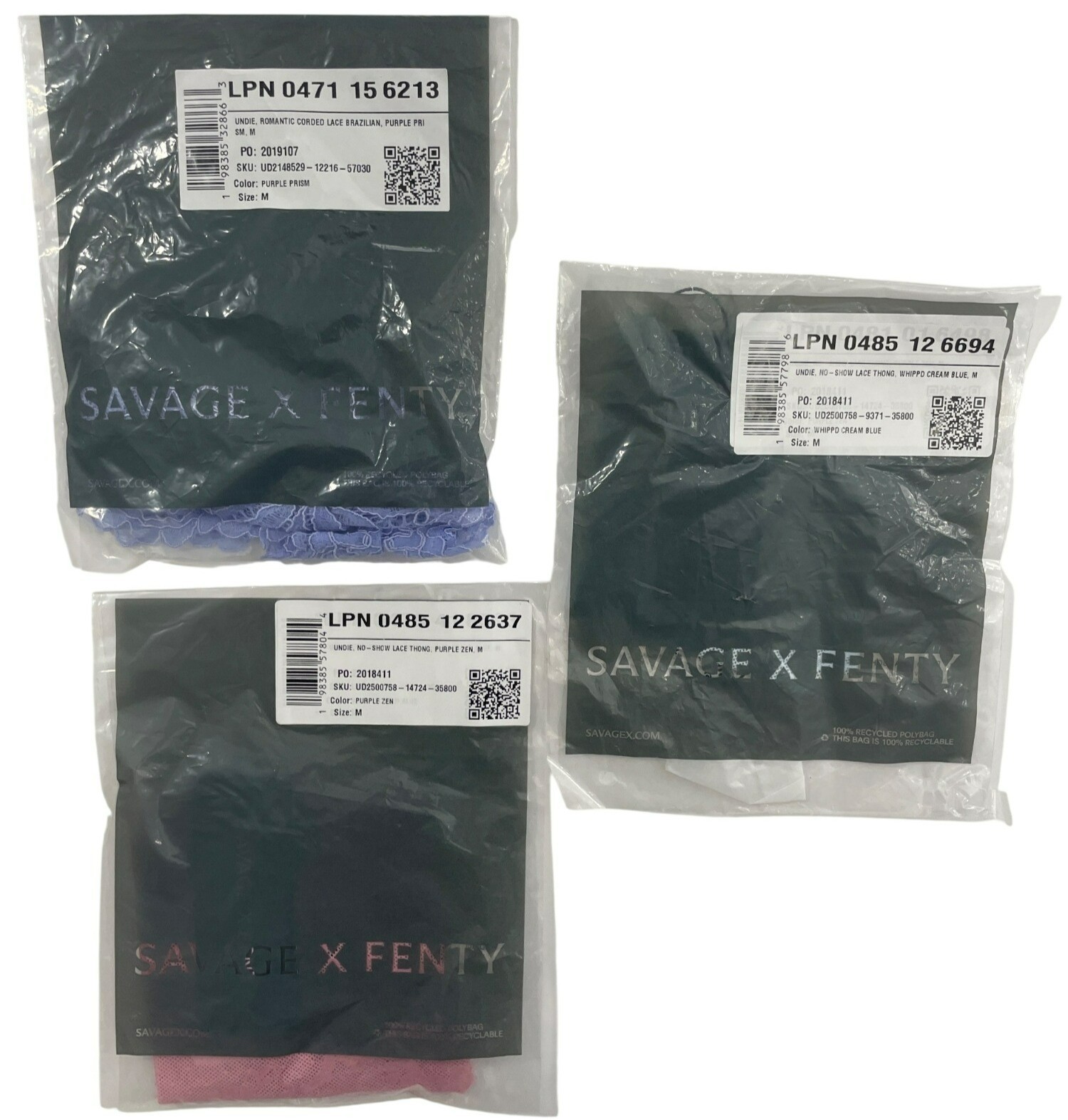 Savage X Fenty Panties 3-PACK Lace Brazilian Thong Set Purple Blue Pink Sz M NEW
