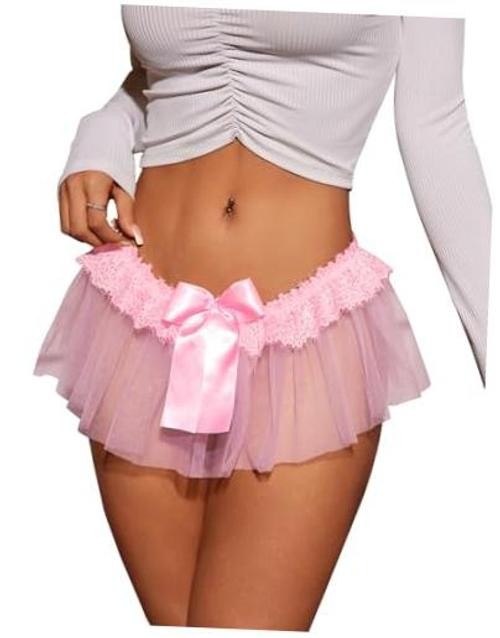 Women’s Mesh Babydoll Lingerie Cute Bow Tie Ruffle Lace Trim Thong Small Pink