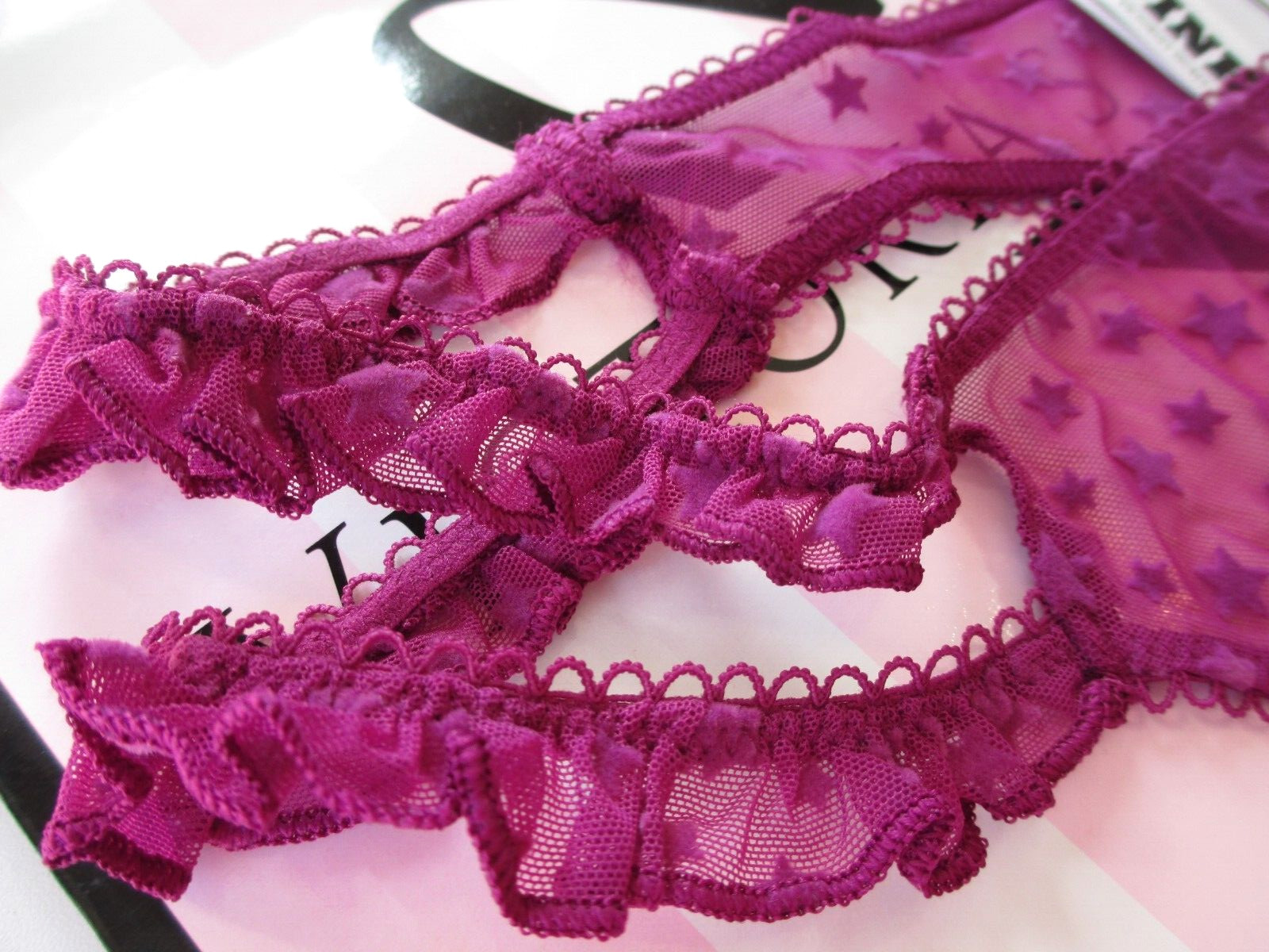 VICTORIA’S SECRET PINK Wink Strappy Mesh Thong Panty VS Velvet Stars S M XL Pink