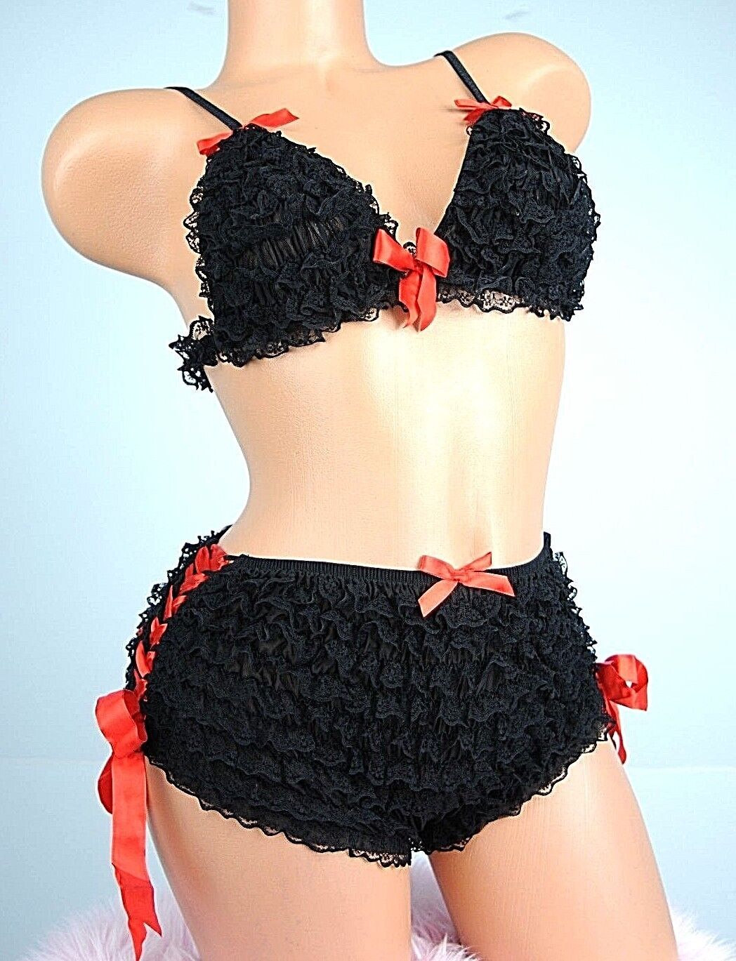 Ruffled Frilly Bra OR Panties Red Pink Black Triangle Bra or Cheeky Panties