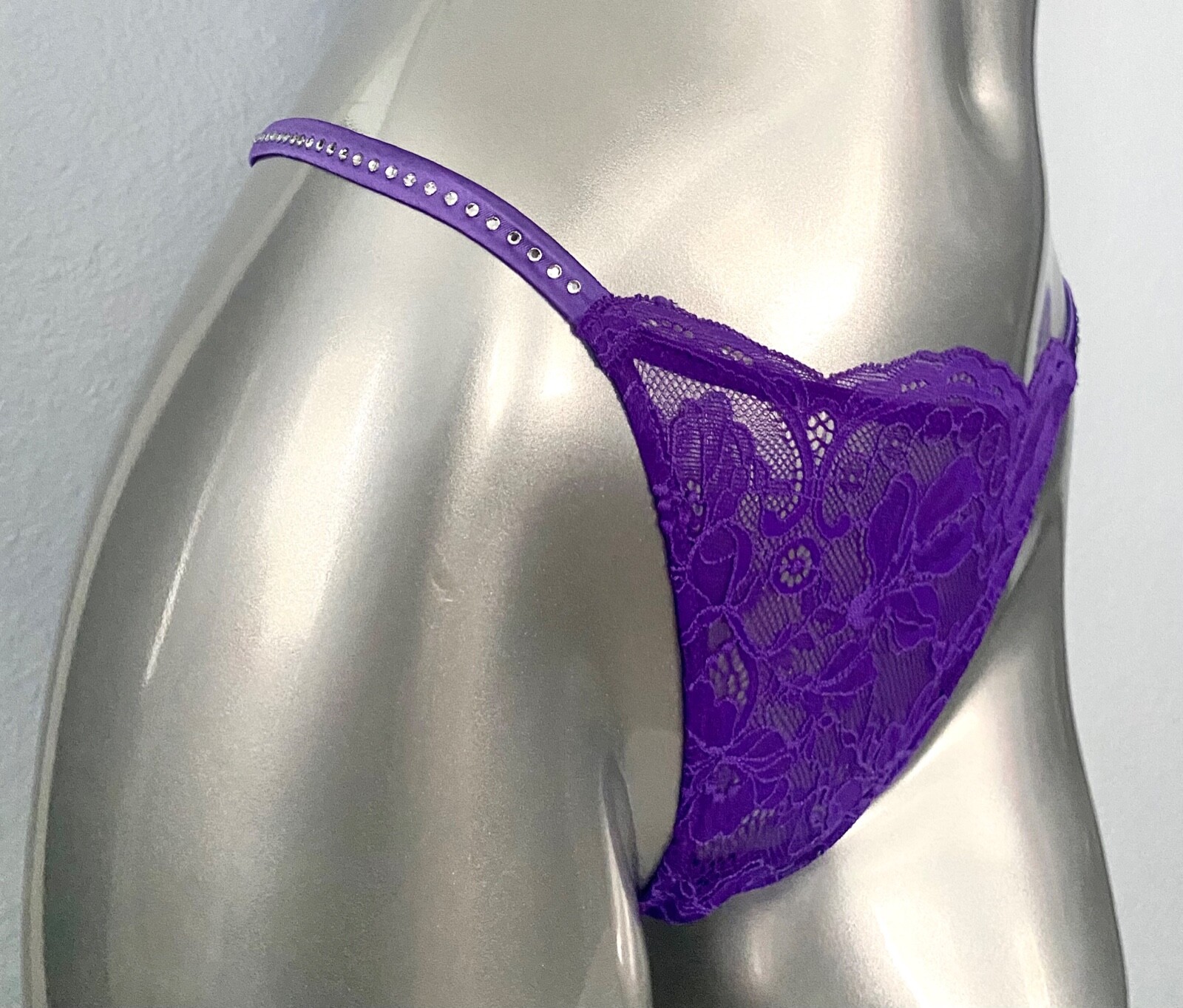 Victoria’s Secret Thong Panty Bright Violet Lace Shine Bling Strap S M L