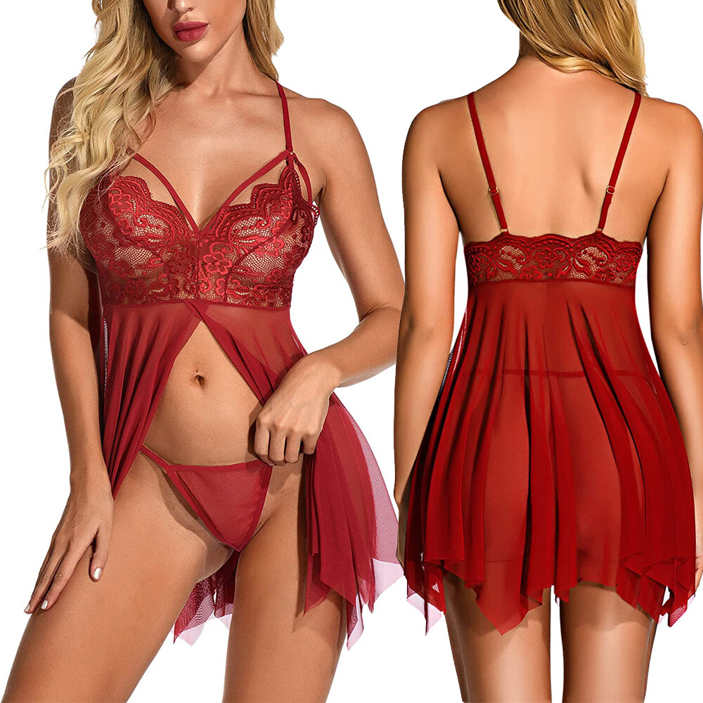 Red Women’s Sexy-Lingerie Babydoll Sleepwear Underwear Lace Dress Nightwear US
