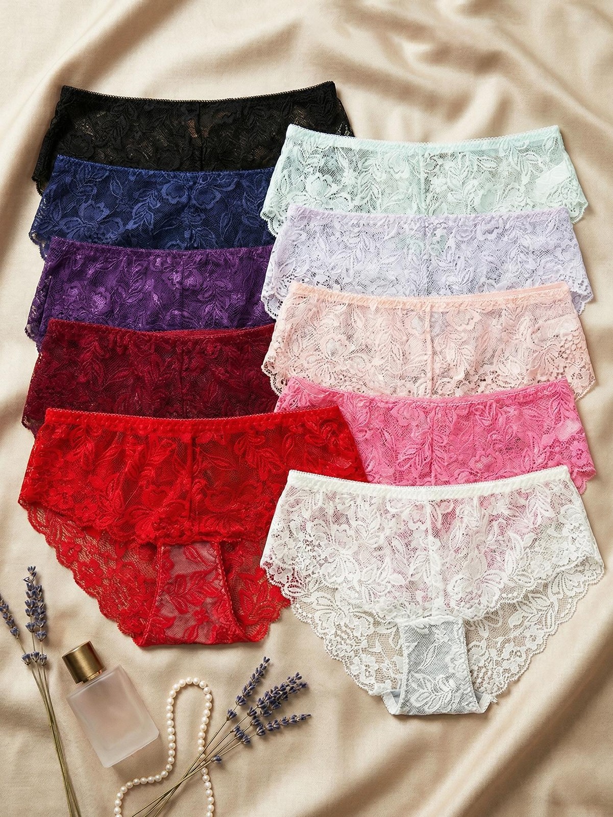10 Pcs/set Women’s Lace Panties Sexy Underwear Low Rise Floral Sheer Thongs